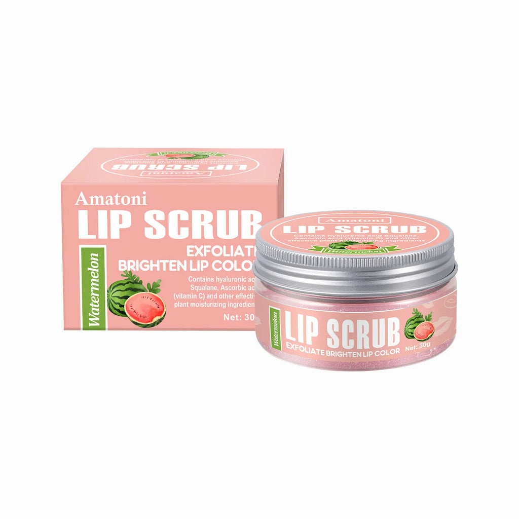 Amatoni fruit flavour lip scrub cream in 30g packaging for exfoliating and moisturising lips.