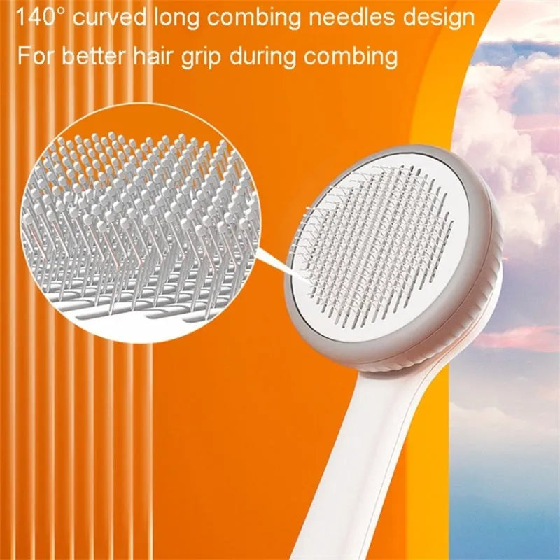 Blue and white self-cleaning pet grooming brush with massage slicker comb for cats and dogs.