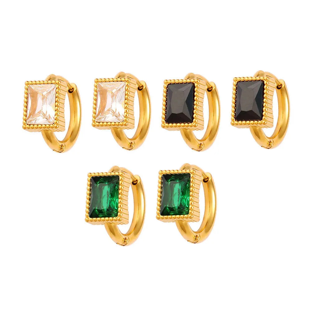 A pair of square-shaped stainless steel earrings with round zircon accents in a choice of black, green, or white.
