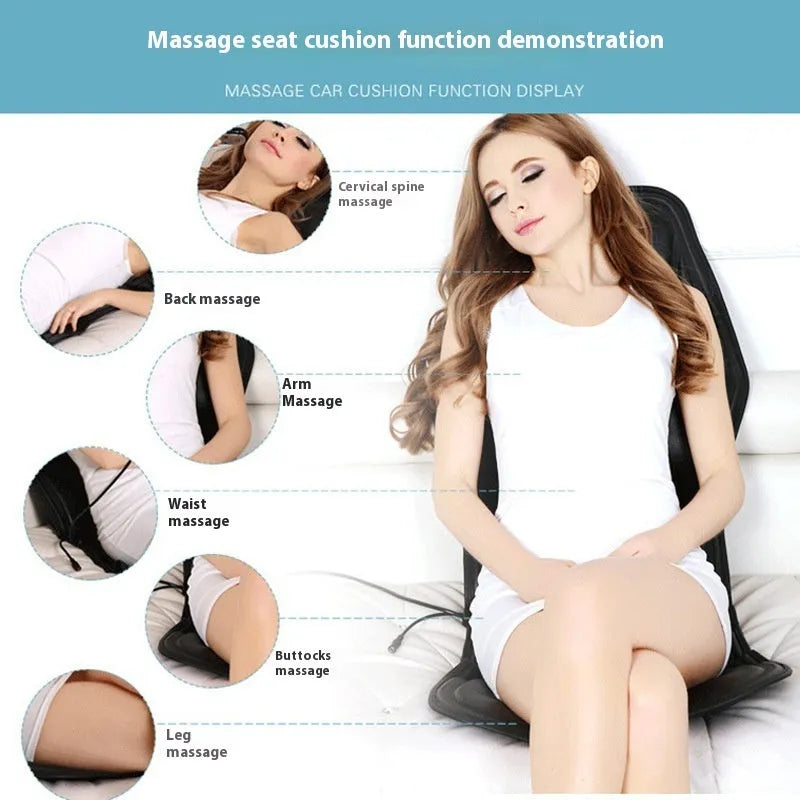 Black heating massage mat with infrared physiotherapy function and adjustable speed control on seat cushion