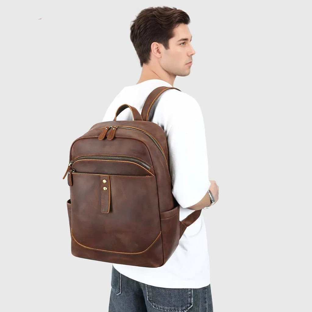 Men's genuine leather backpack in coffee colour, 31x15x41cm, with airpillow straps and retro styling