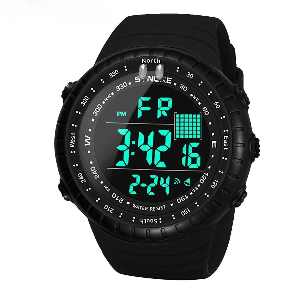 Black men's outdoor electronic watch with a large round dial on a PU strap, showing water resistance.