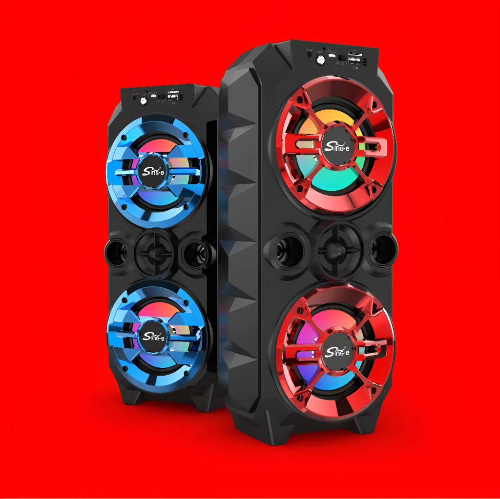 Portable Bluetooth speaker with colour light display and pull rod handle in blue plastic casing