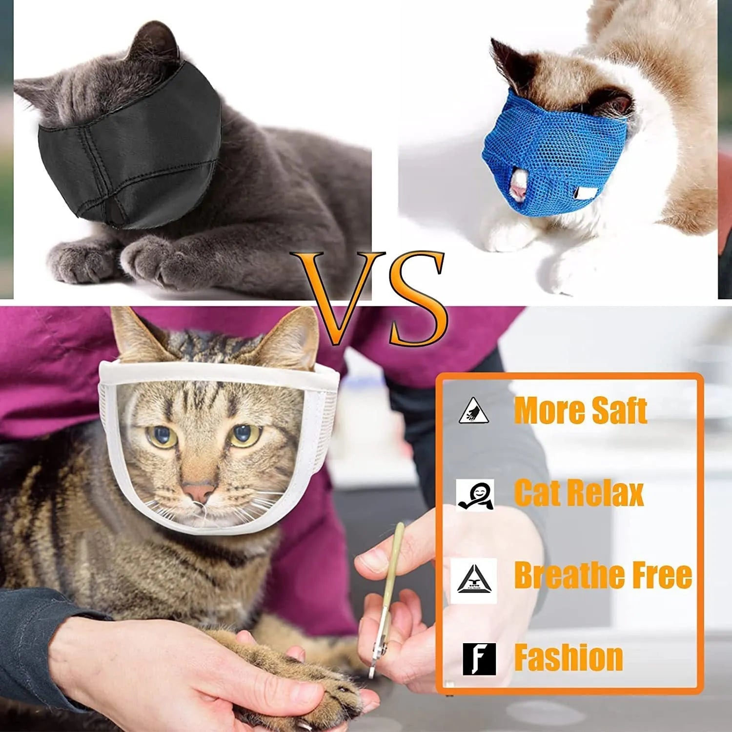 Transparent cat anti-bite muzzle with cotton construction and central breathing hole in S or M size