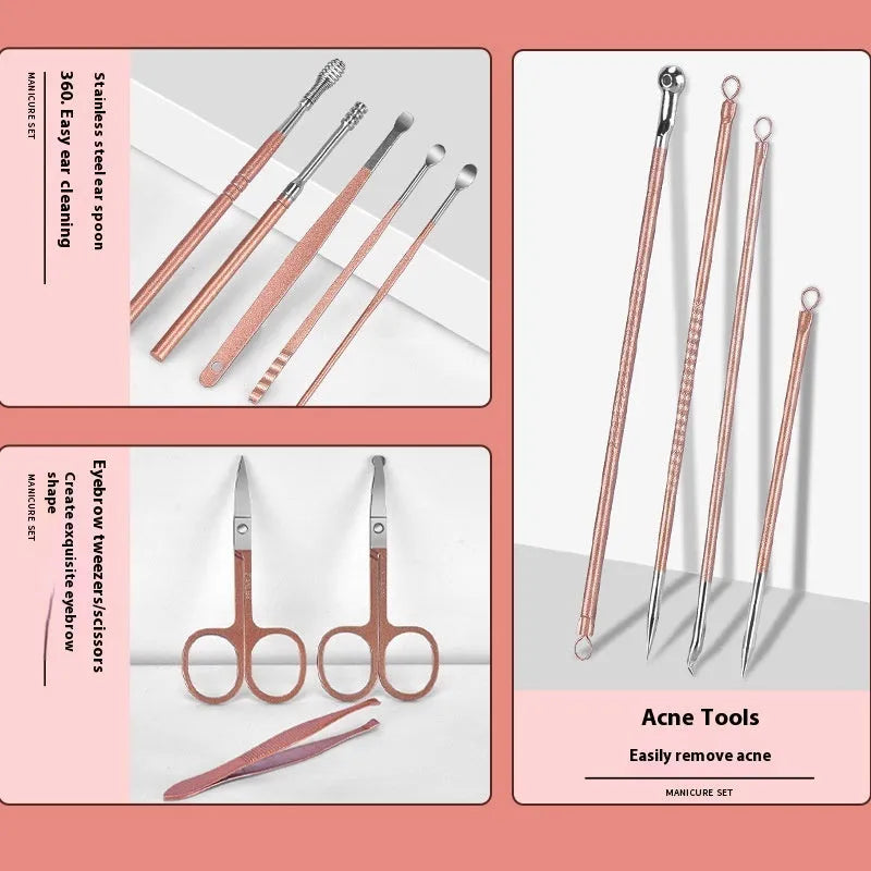 30-piece stainless steel nail tool set showing clippers, files, and pushers in a case.