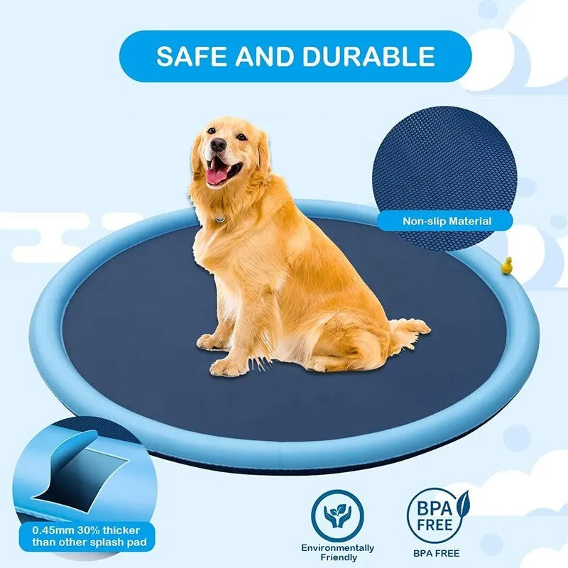 Anti-slip dog sprinkler mat showing textured surface for outdoor water play in garden setting