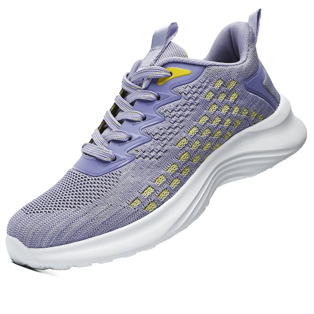 Women's lavender purple and sapphire blue Flyknit running shoes with striped pattern and mesh lining