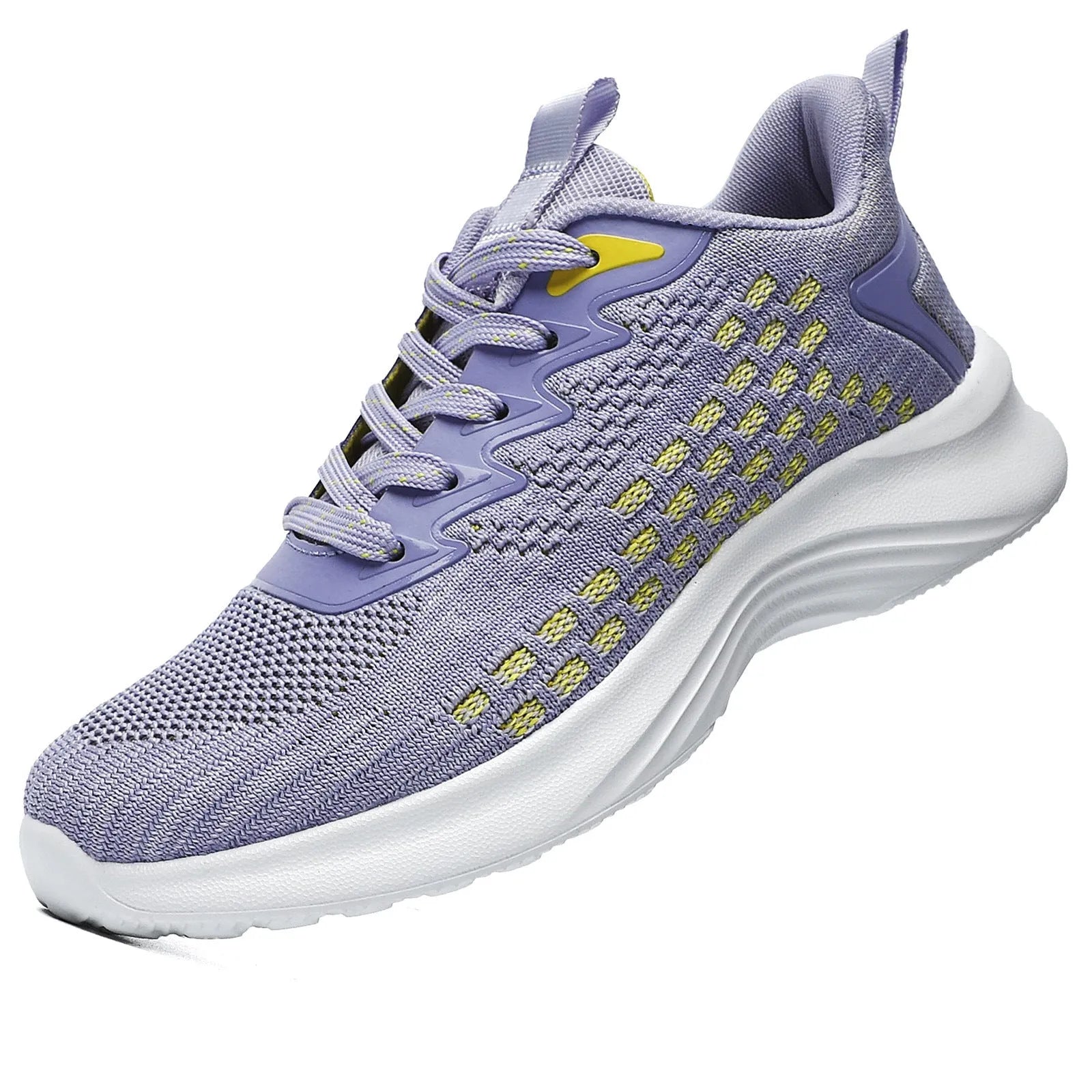 Women's lavender purple and sapphire blue Flyknit running shoes with striped pattern and mesh lining