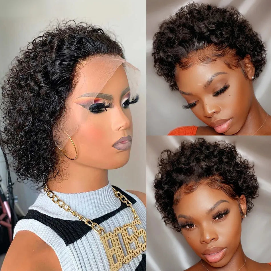 Black lace front human hair cover with pre-plucked hairline in a short pixie cut style.