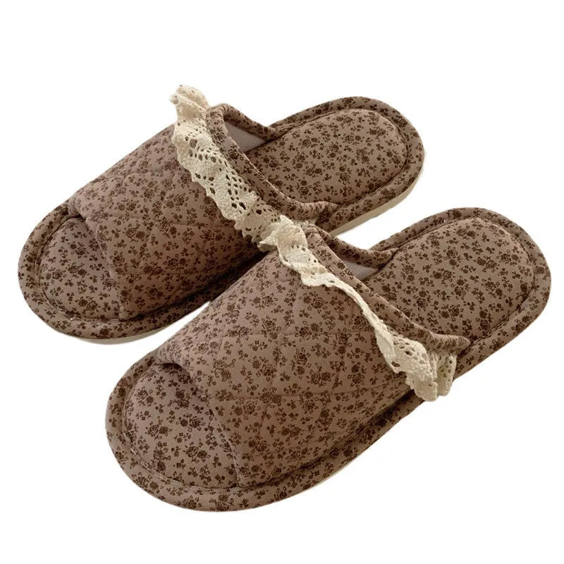 Brown Korean lace floral thickened linen slippers for women, PVC sole, indoor flip flop style