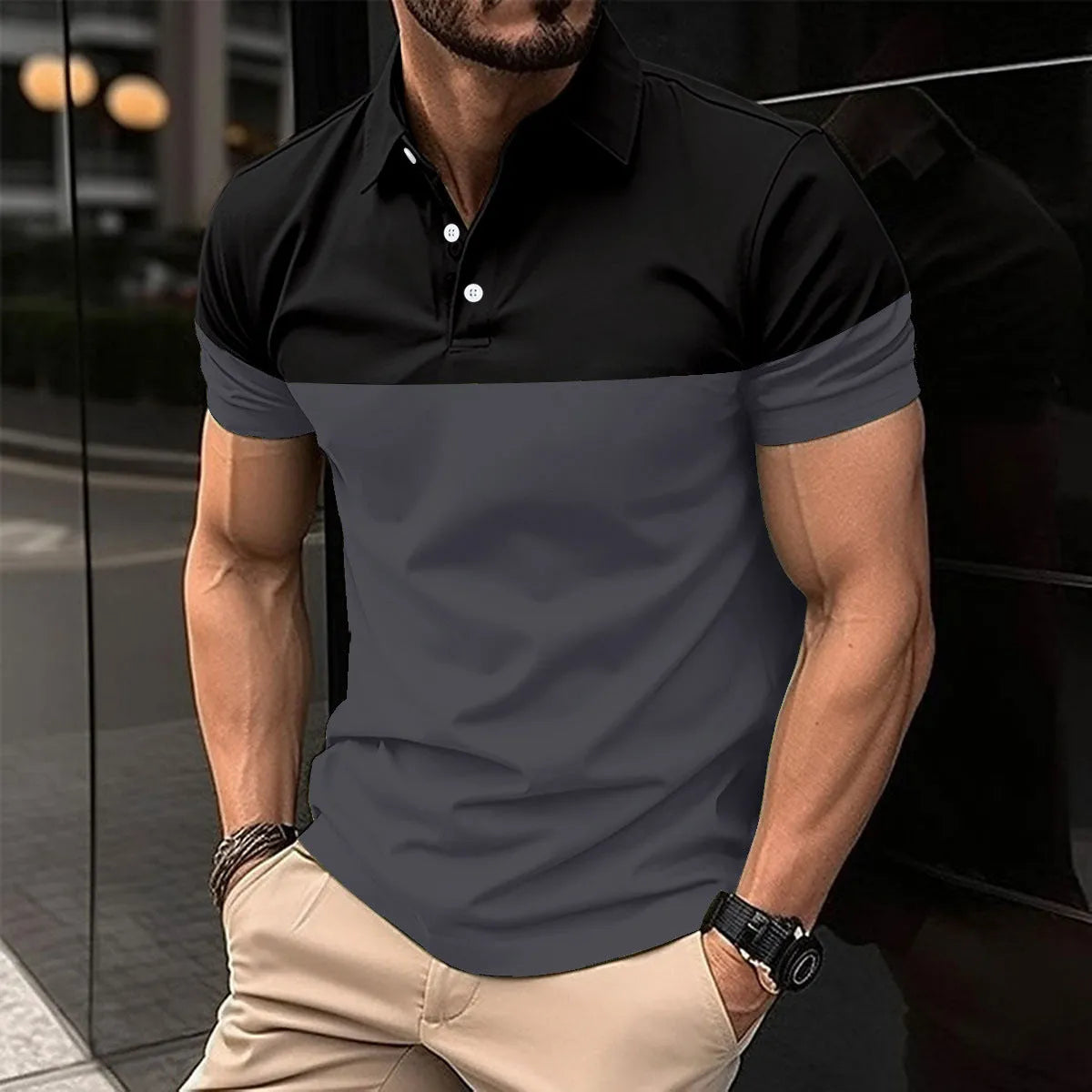 Men's casual polo shirt top short sleeve polyester fibre in light blue, front view.