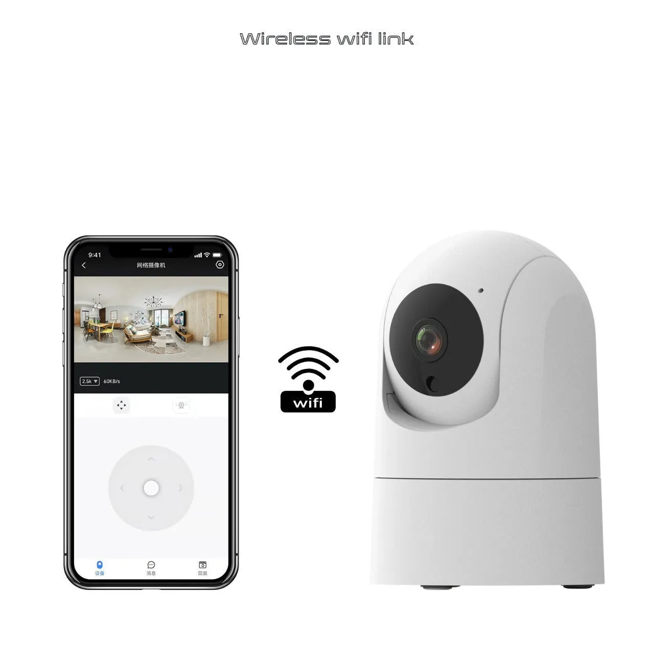 White indoor security camera with remote pan and tilt on a stand, showing 1080p HD and two-way audio features.