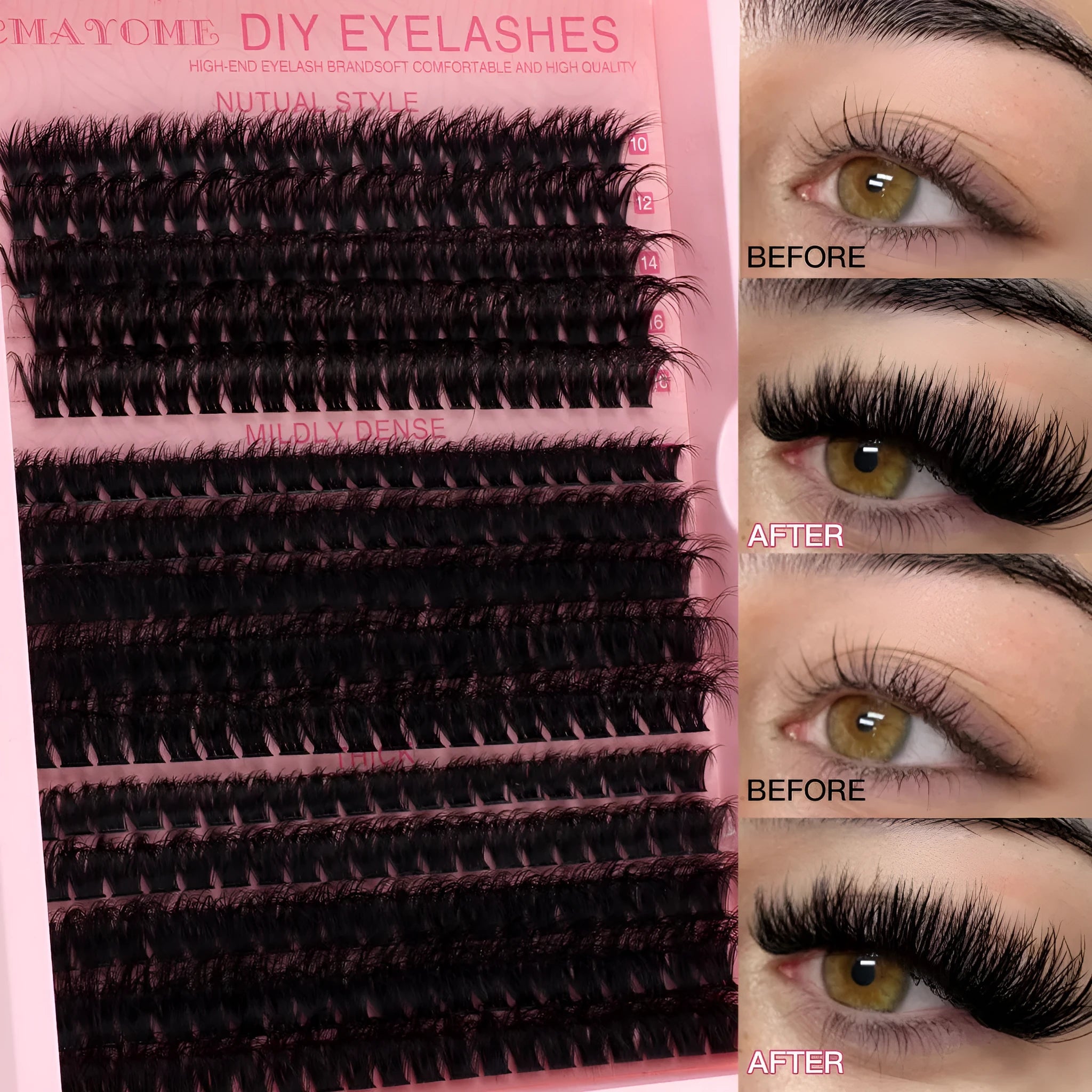 DIY false eyelashes extension kit showing cluster lashes and metal tweezers on a clean surface.