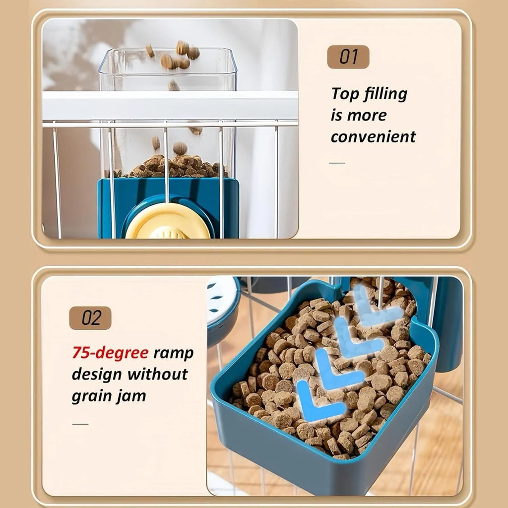Transparent hanging automatic pet feeder with water and food dispensers for rabbit cages