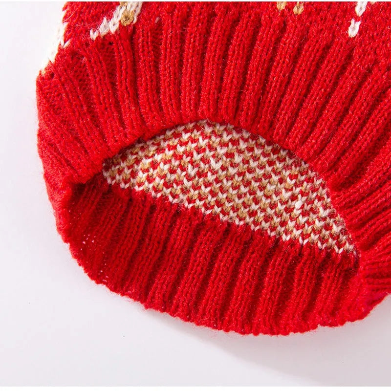 Red and white argyle knitted dog sweater with cherry embroidery for small dogs and cats