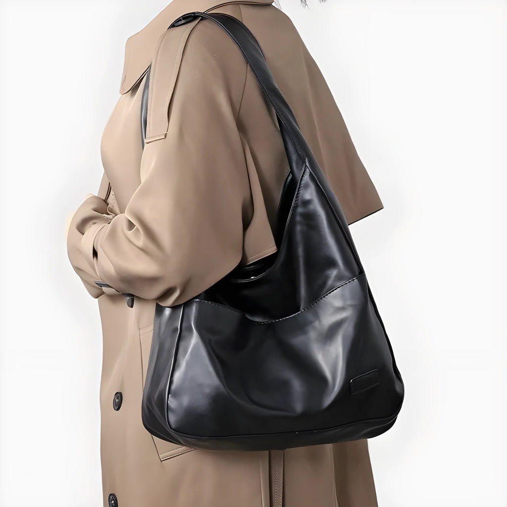 Women's soft PU shoulder bag in retro style with open pocket, shown in one of four colours