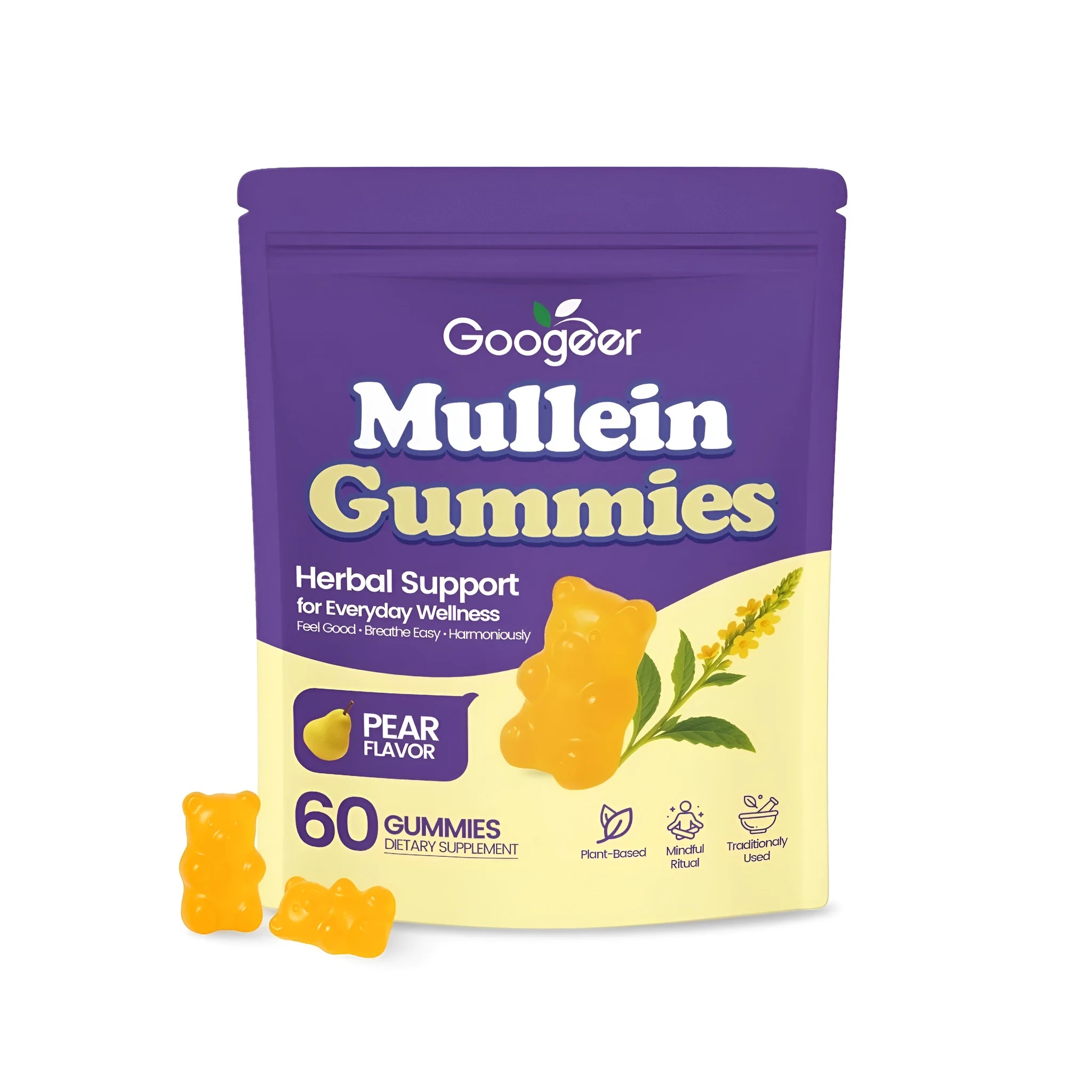 Pack of mullein supplement gummies containing verbena officinalis leaf extract, 60 soft candies.