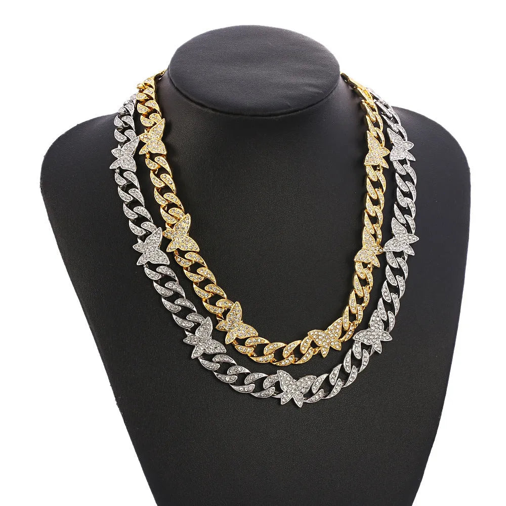 Small butterfly chain diamond rhinestone necklace in gold alloy with geometric pendant on 46cm chain