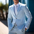 Men's blue and white button British style suit jacket with double buttons and straight hem.