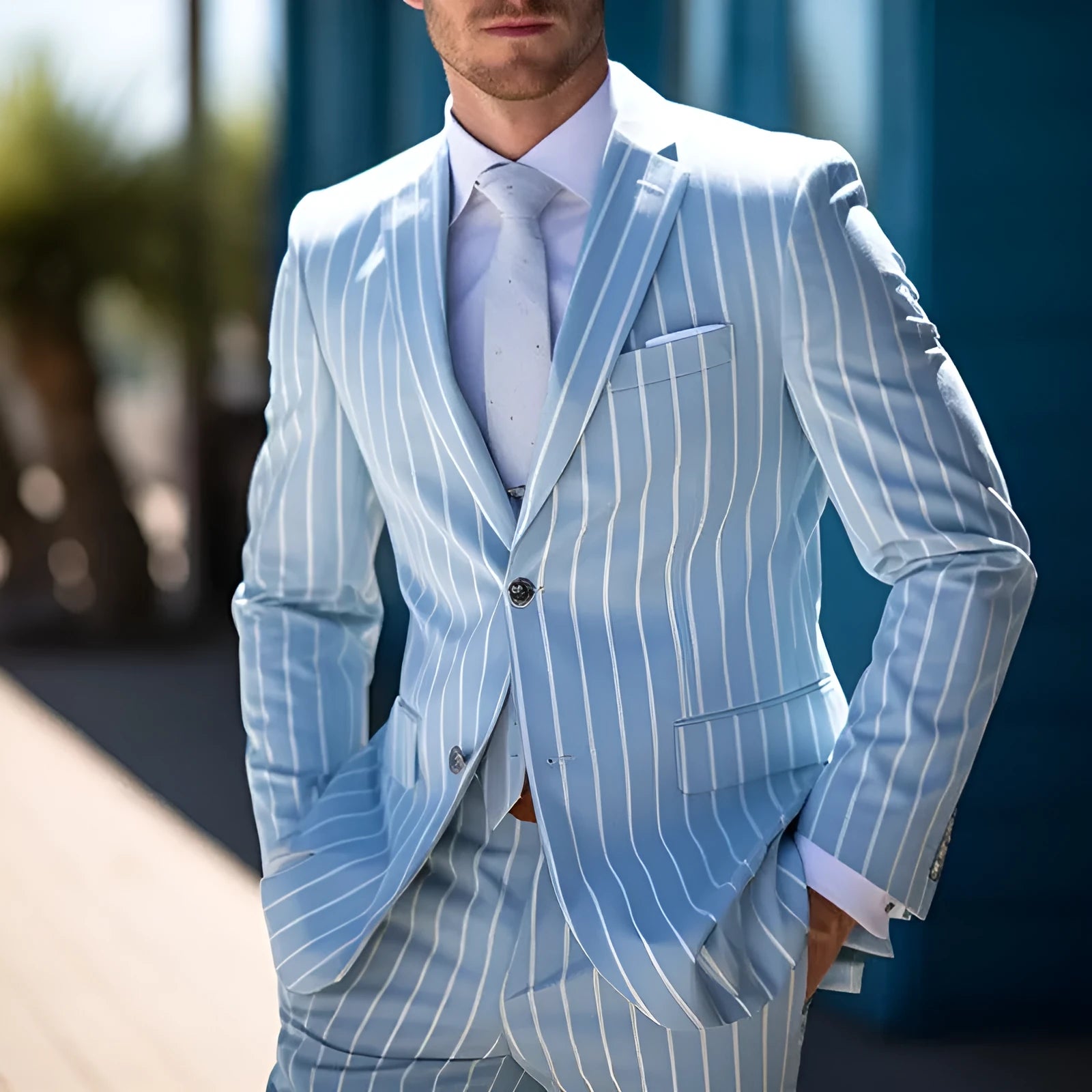 Men's blue and white button British style suit jacket with double buttons and straight hem.