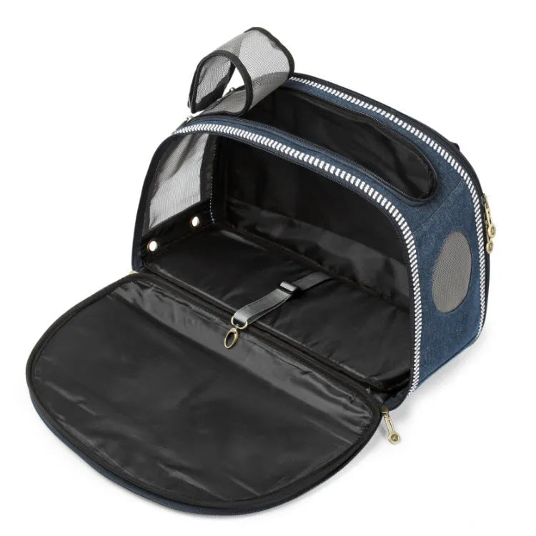 Blue denim pet diaper bag with cartoon pattern, dimensions 43cm by 20cm by 30cm