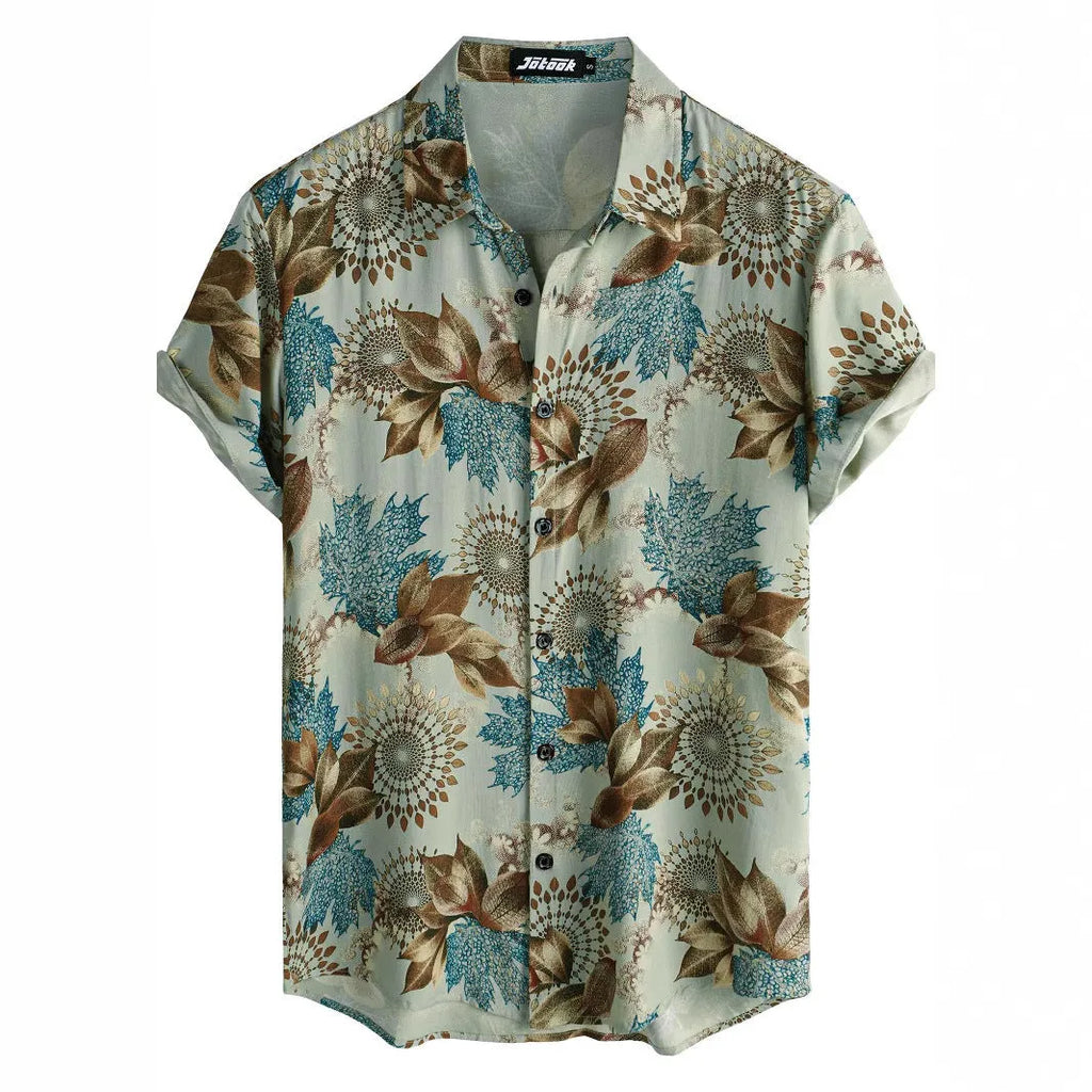 Hawaiian floral print lapel short sleeve shirt in street fashion style with elastic fabric