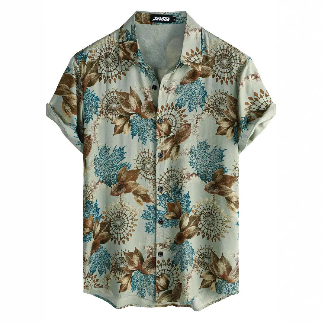 Hawaiian floral print lapel short sleeve shirt in street fashion style with elastic fabric