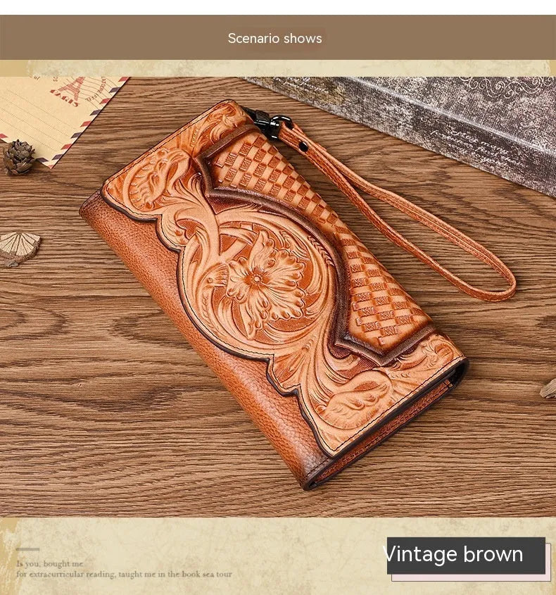 Retro brown women's tri-fold wallet with deep embossed floral pattern, shown open to reveal compartments.
