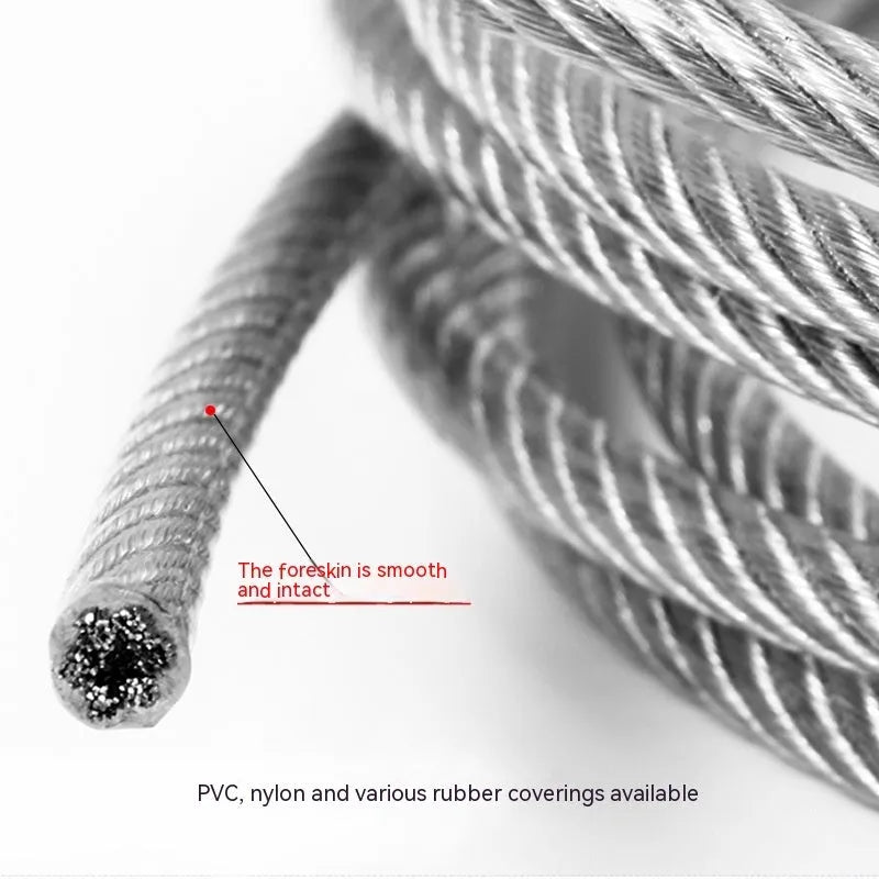 Coiled 304 stainless steel coated security cable with close-up showing multi-strand construction.
