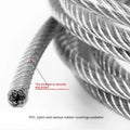 Coiled 304 stainless steel coated security cable with close-up showing multi-strand construction.