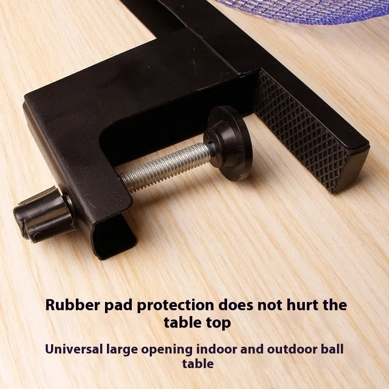 Table tennis post with thickened universal clamp and open grid steel frame on a table