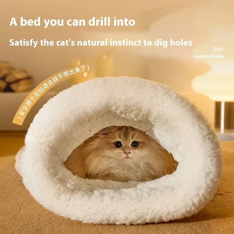 Cat sleeping bag nest with fleece fabric exterior and bear pattern in light brown colour