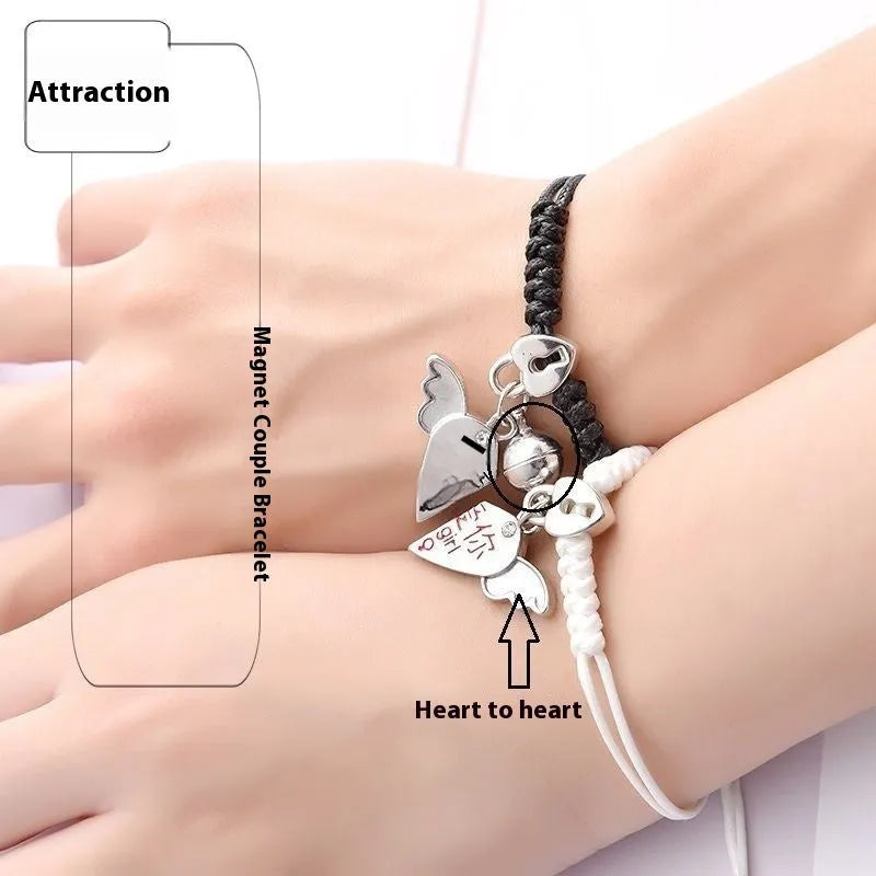 Magnetic couple bracelets with alloy electroplated finish showing multiple design styles including love locks and crown patterns