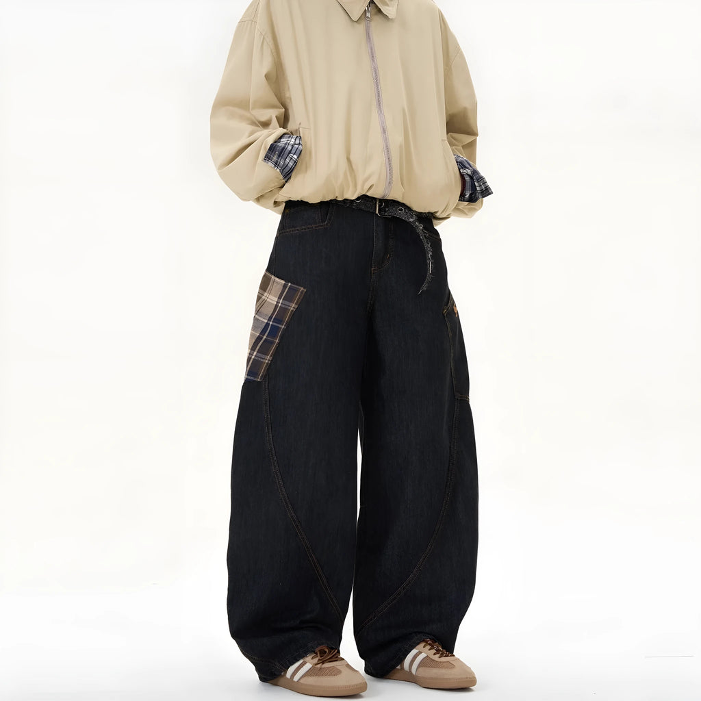 Loose fit straight-leg cotton trousers in a red plaid pattern, shown on a mid-waist.