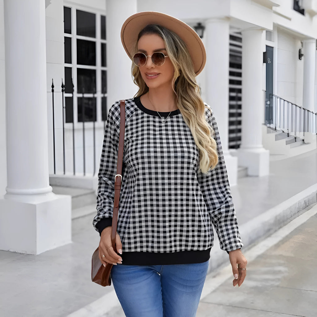 Black Japanese plaid pattern pullover sweater with long sleeves and printed stripes
