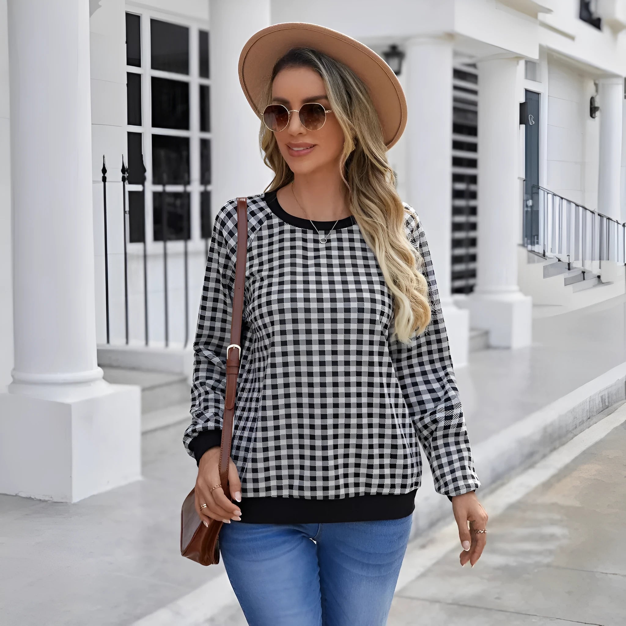 Black Japanese plaid pattern pullover sweater with long sleeves and printed stripes