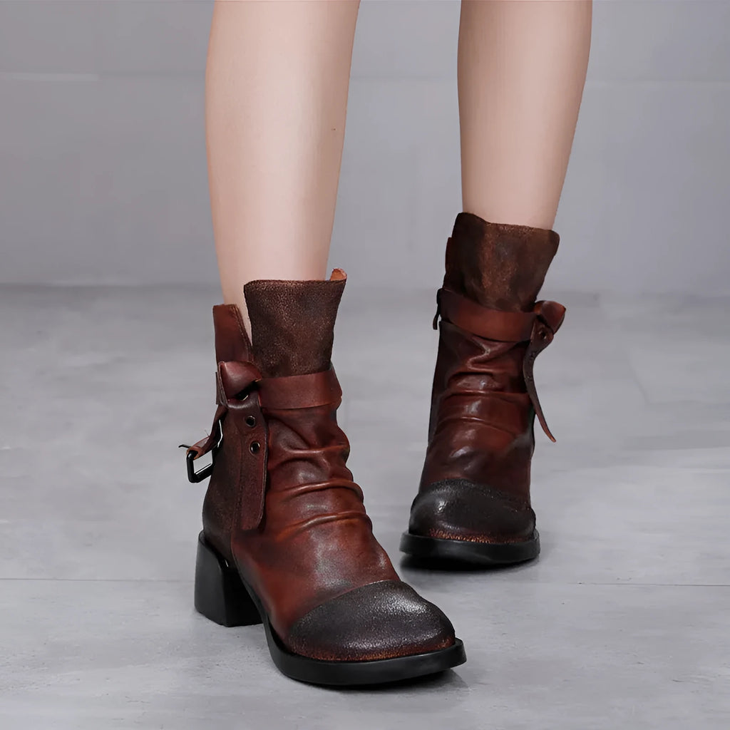 Women's brown retro ankle boots with a chunky block heel and round toe made from genuine leather.