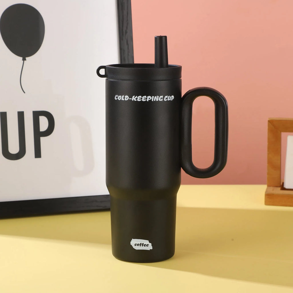 Portable insulated straw cup with handle in multiple colour options for hot and cold drinks