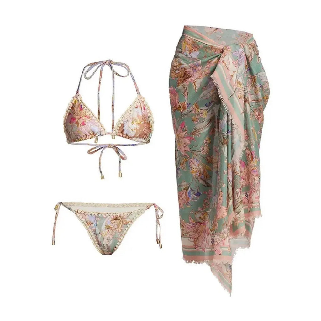Women's creamy-white floral bikini suit with skirt for beach vacations