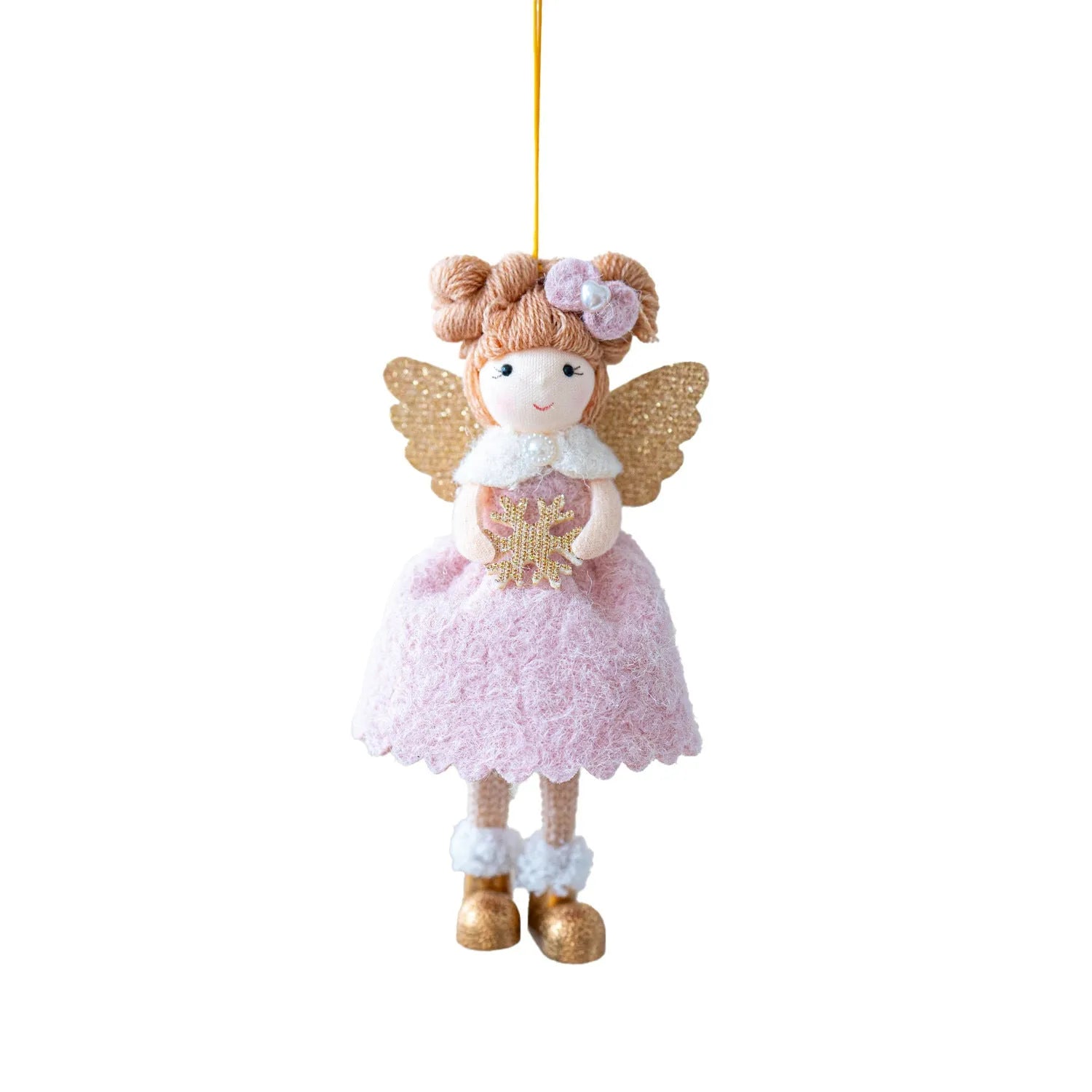 Pink and white cloth Christmas angel wings plush pendant decoration on a neutral background.