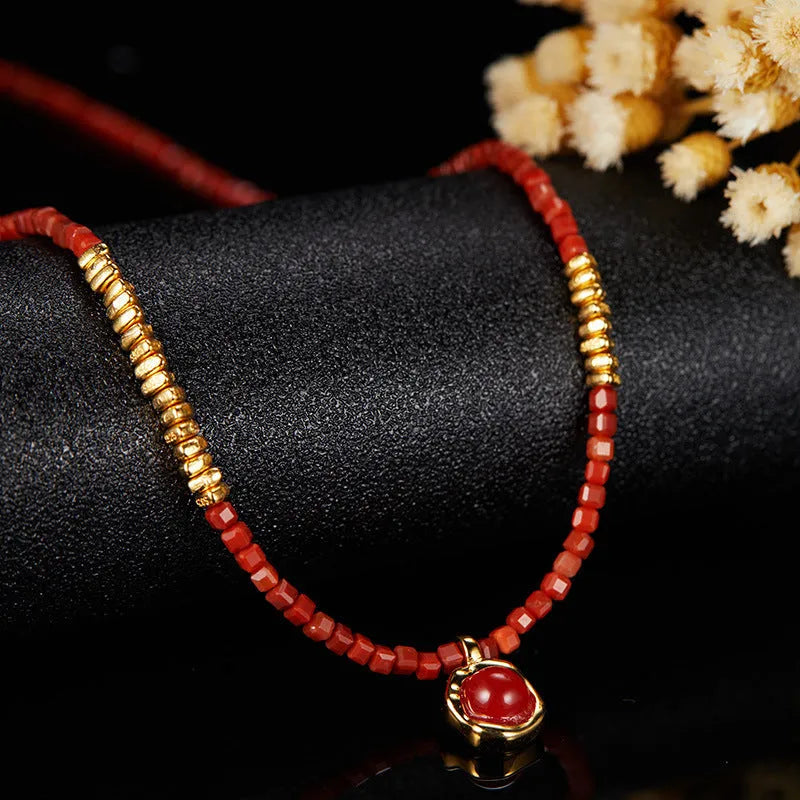 Women's red agate square candy necklace on 925 silver adjustable clavicle chain