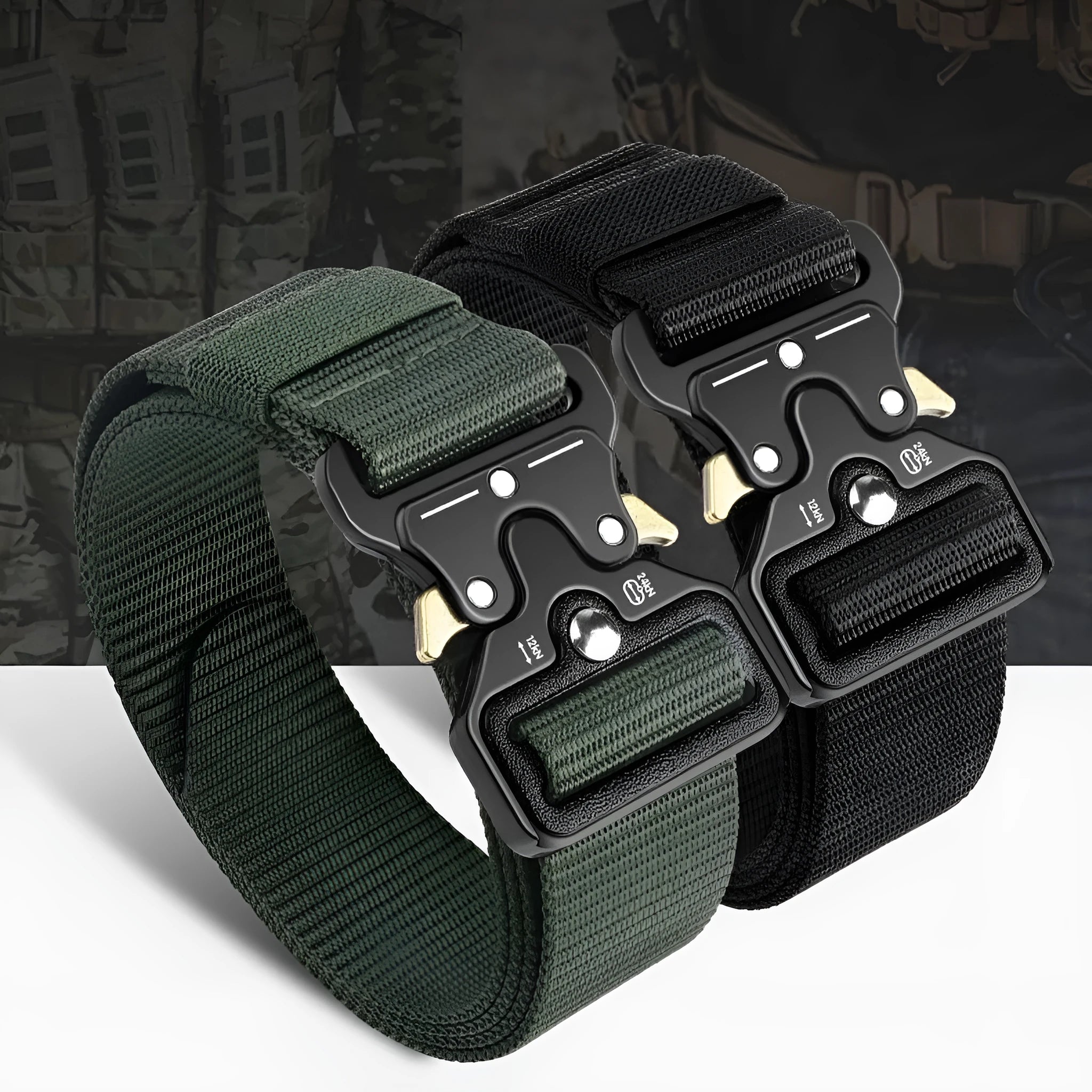 Men's thick canvas tactical belt with alloy release buckle in Army Green colour showing 120cm length.