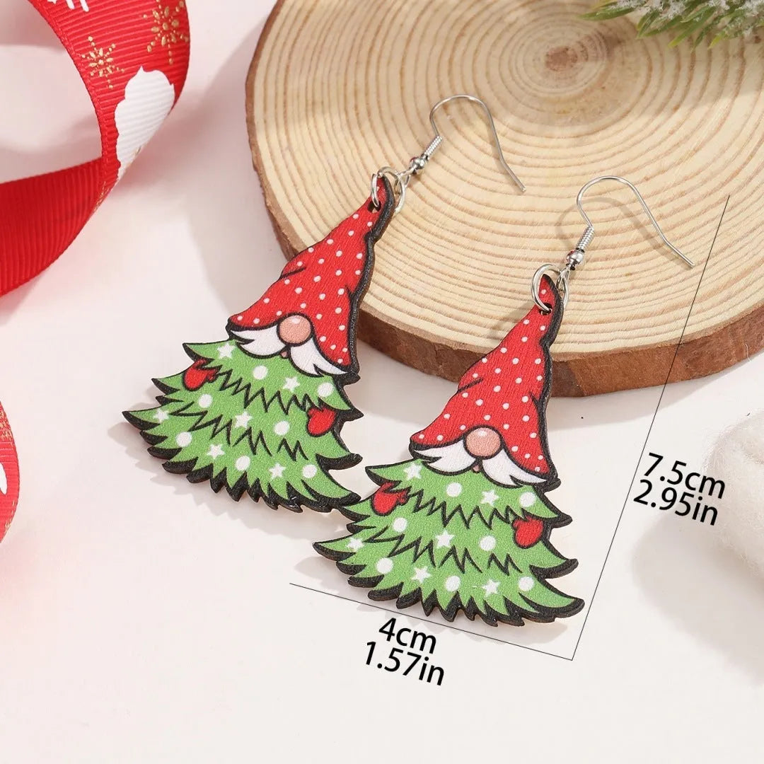 Wooden Christmas earrings with printed Santa Claus and geometric designs in Christmas tree and snowman styles