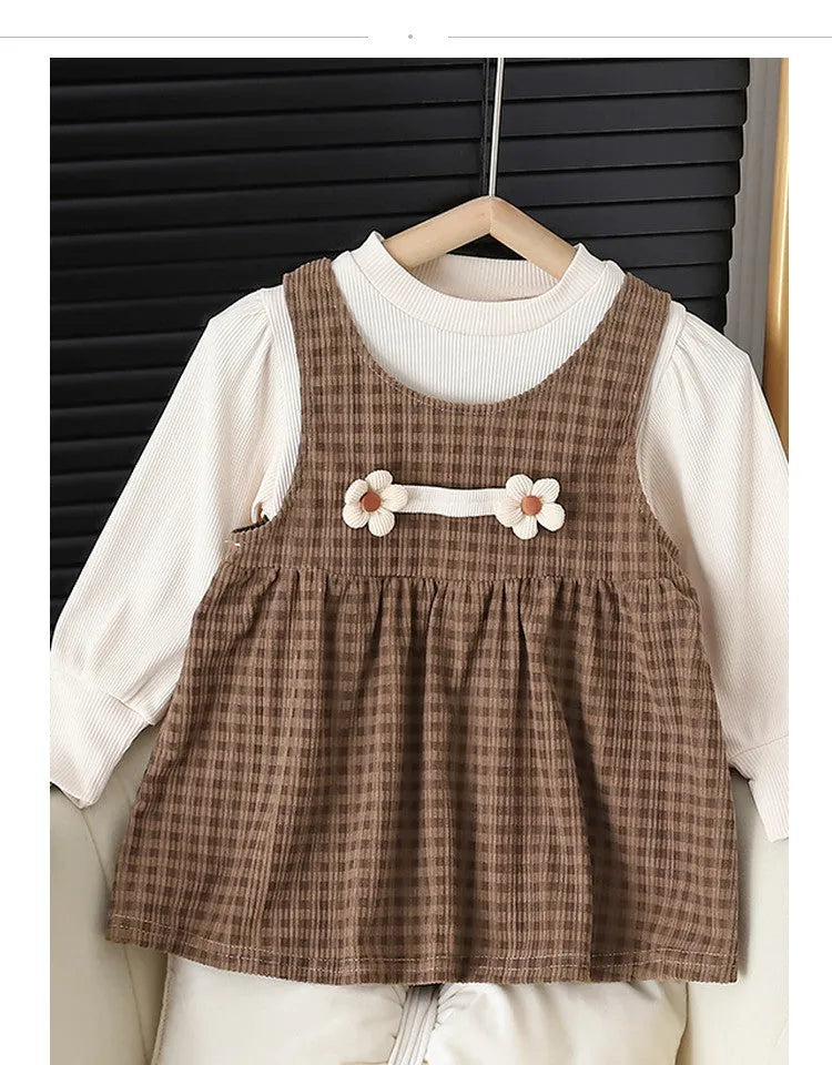 Baby girl cotton blend dress suit with plaid pattern and long sleeves in dark coffee colour