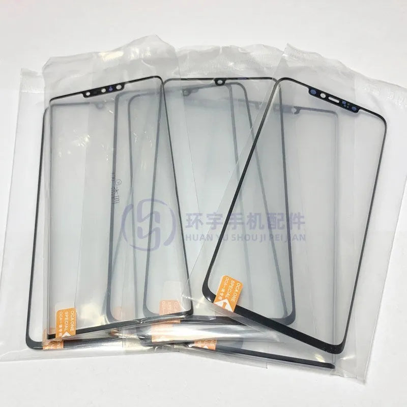 OnePlus 7 Pro replacement touch screen glass with OCA adhesive showing logo positioning markers