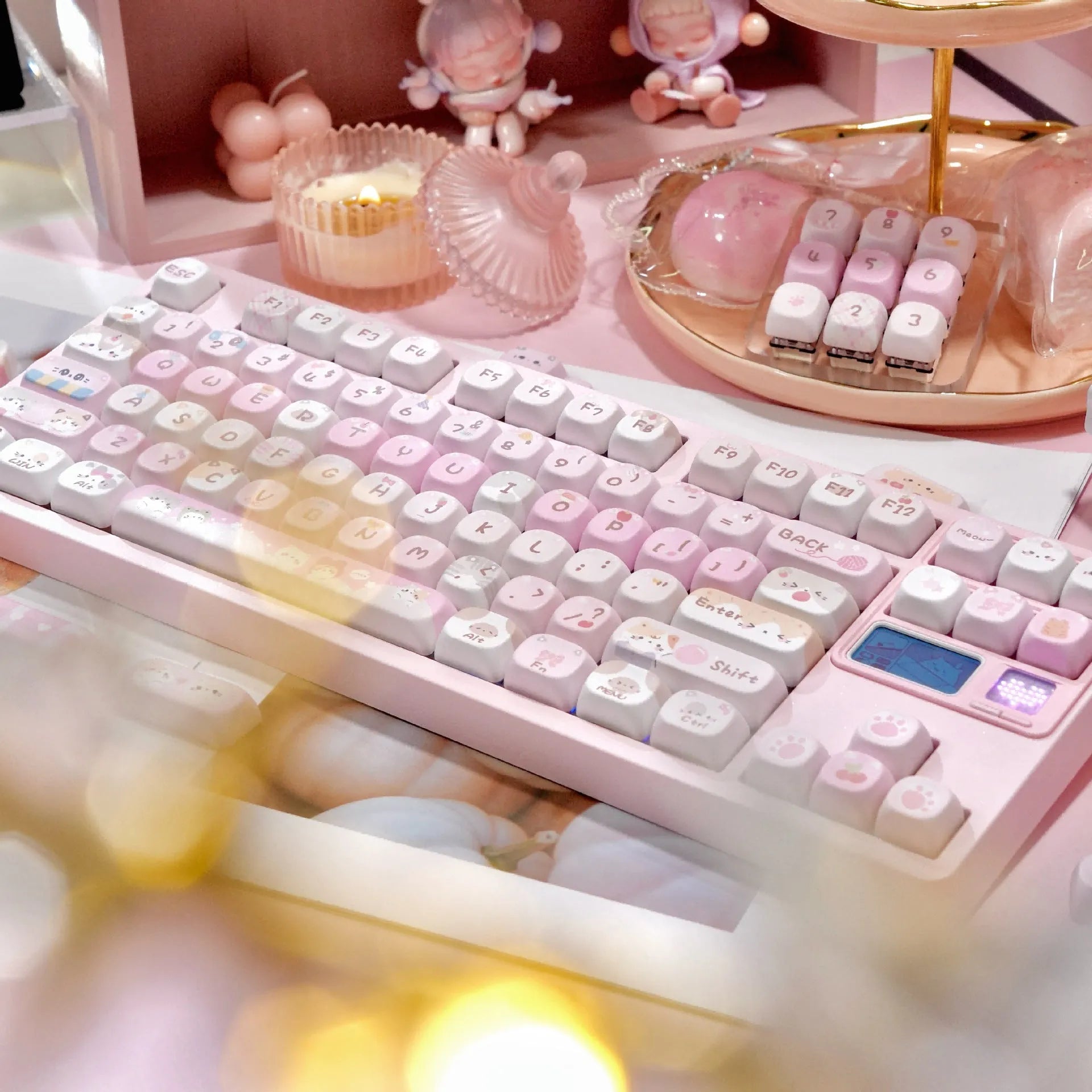Pink MOA height mechanical keyboard key caps with cartoon design on all five sides