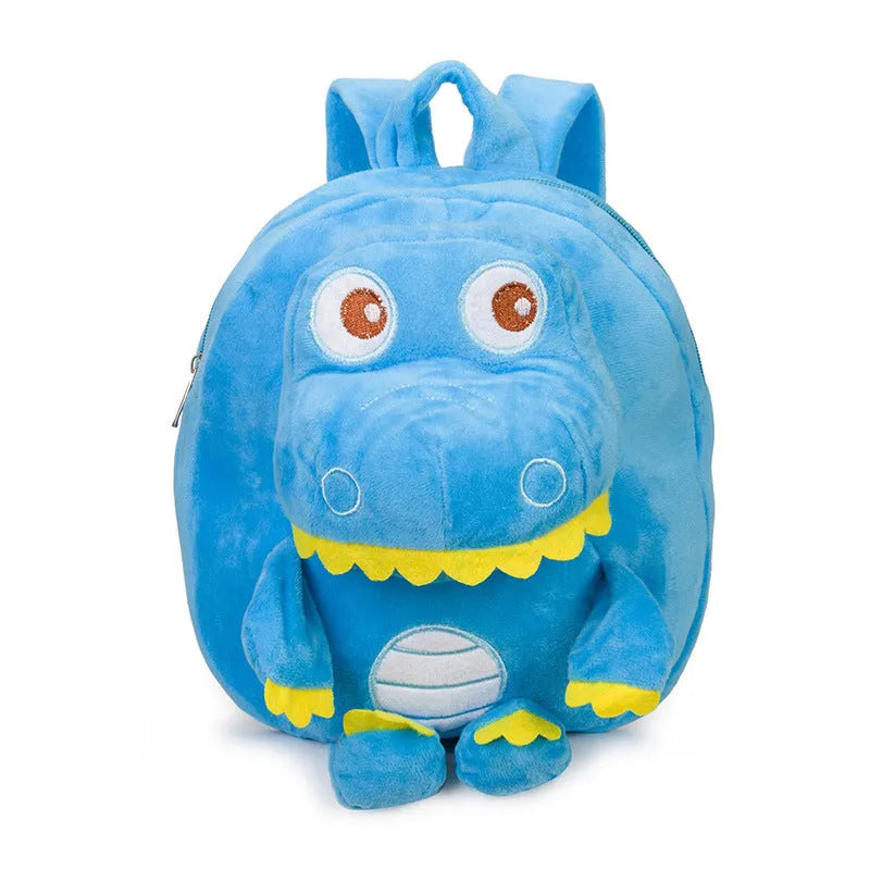 Baby dinosaur plush toy backpack with embroidery design in blue colour showing soft handle and animal pattern