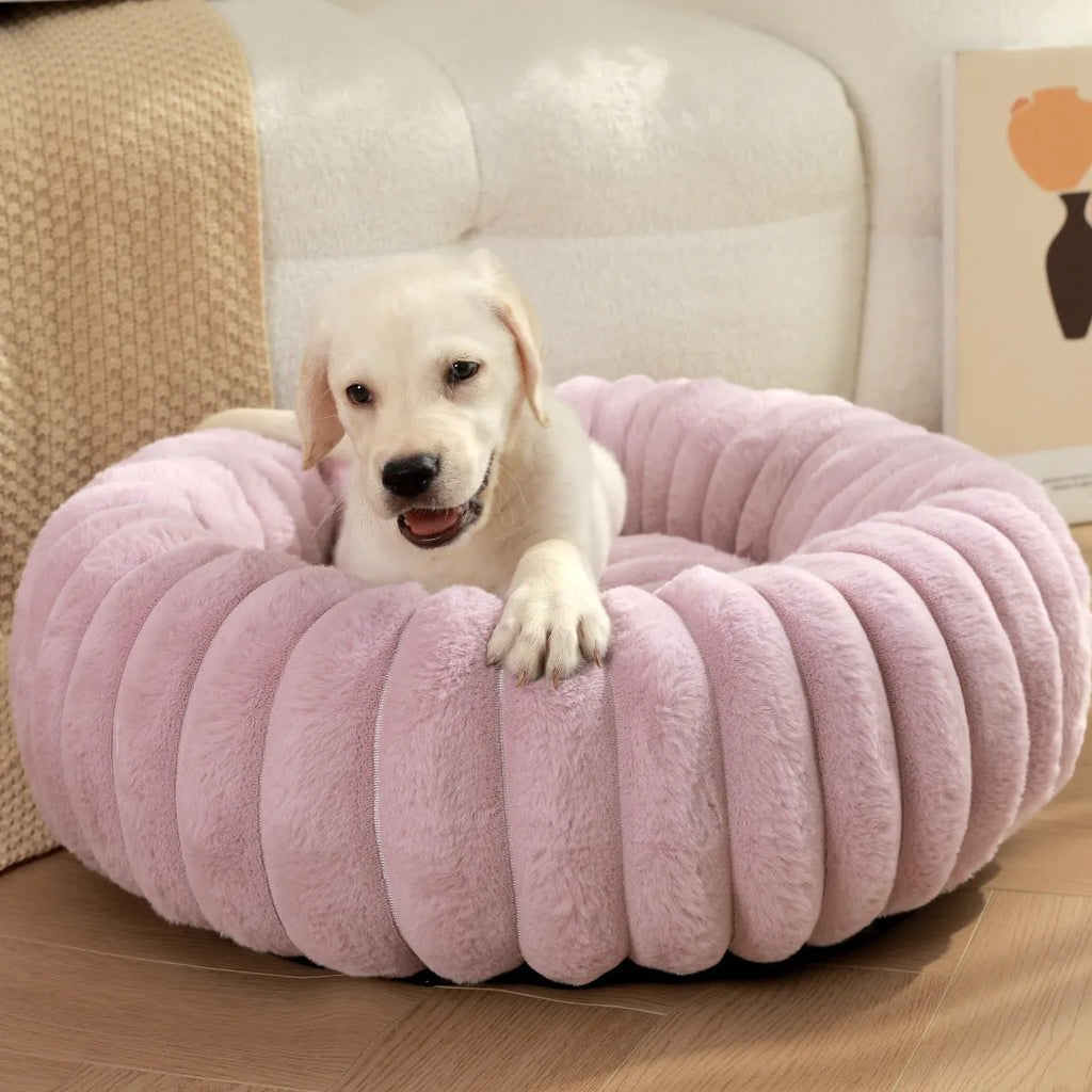 Round plush pet mat in beige, showing long-hair texture and circular shape