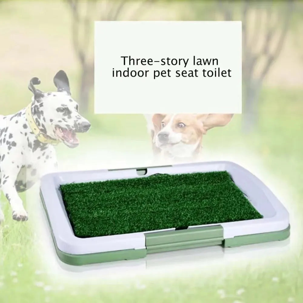 Green artificial grass dog toilet tray measuring 54cm by 38cm with three-layer construction