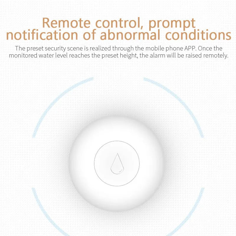 Compact white Zigbee wireless water flood sensor on a table